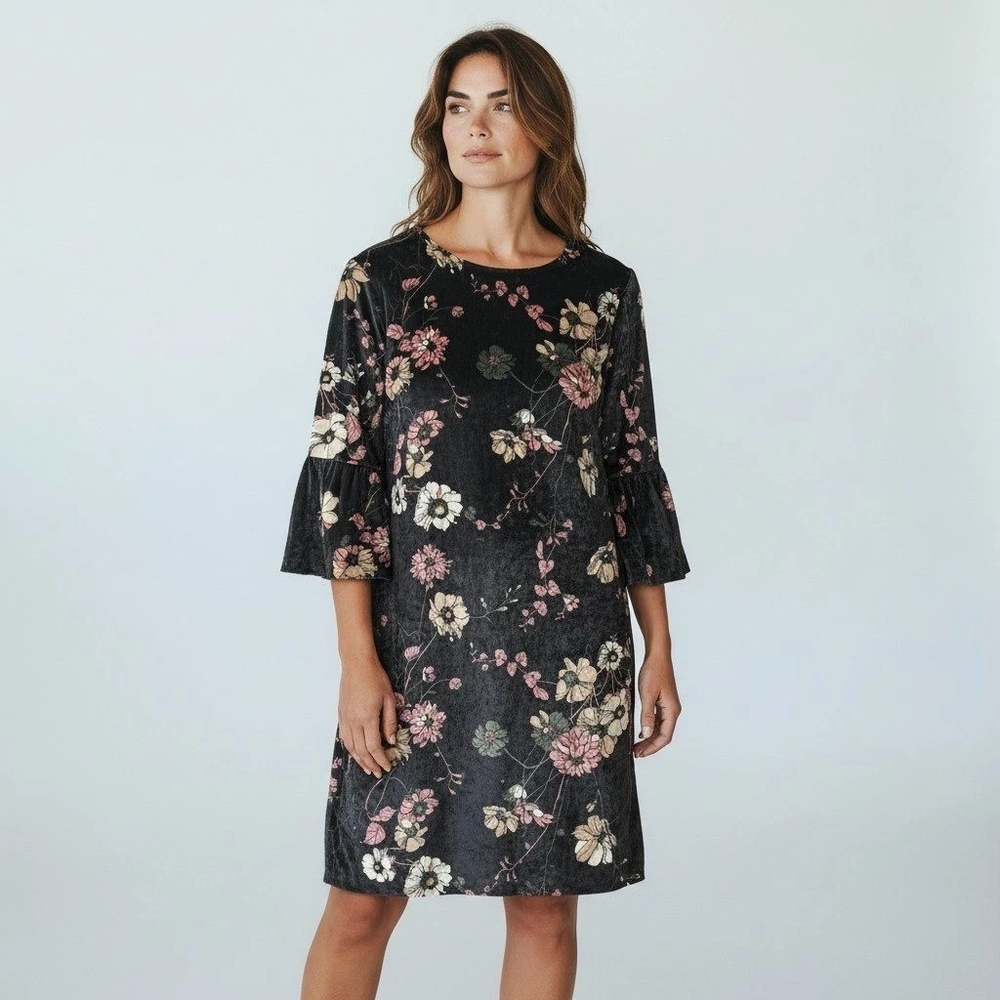 Chicos 1 Black Pink Floral Bell Sleeve Shift Dress Sz 8/10 Medium